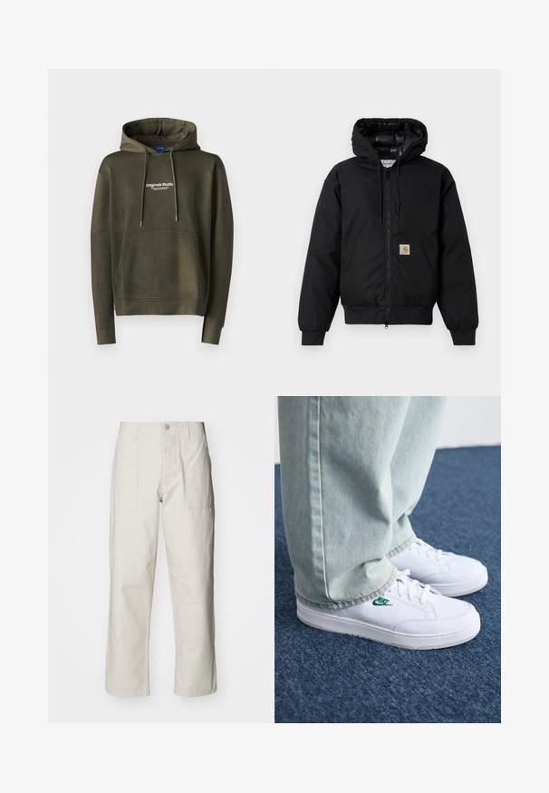 Zwarte Carhartt hoodie met rits aan de voorkant, kangoeroezak, geribde manchetten en logopatch op de zak.; Jack & Jones JORVESTERBRO - Hoodie - khaki; Lichtbeige wijde broek van katoen. Voorzien van steekzakken en een knoopsluiting. Glad textuur met subtiele verticale lijnen.; Witte leren sneakers met groen Nike-logo, ronde neus, platte zool, gedragen met lichtblauwe denim broek, weergegeven op een blauwe vloerkleed.