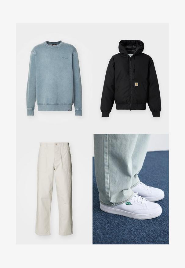 Casaco com capuz Carhartt preto, com fecho na frente, bolso tipo canguru, punhos canelados e patch do logo no bolso.; Sweatshirt azul claro feito de tecido macio, com decote redondo canelado e punhos canelados, apresentando um pequeno logótipo bordado no peito.; Calças largas em bege claro, feitas de algodão. Apresentam bolsos frontais e fecho com botão. Textura suave com linhas verticais subtis.; Tênis de couro brancos com logo verde da Nike, bico redondo, sola plana, combinados com calças de denim azul claro, exibidos sobre um tapete azul.