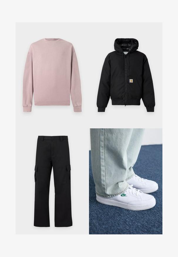 Fekete Carhartt kapucnis dzseki elöl cipzárral, kenguruzsebbel, bordás mandzsettákkal és logóval ellátott zsebbel.; Világos rózsaszín pulóver klasszikus kerek nyakkal, bordás mandzsettákkal és szegéllyel. Puha, textúrált anyagból készült. Egyszerű, minta nélküli dizájn.; Fekete cargo nadrág egyenes szárú kialakítással. Tartós anyagból készült, két oldalzsebbel, tépőzáras fedéllel és gombos zipzárral.; Fehér bőr sportcipők zöld Nike logóval, kerek orral, lapos talppal, világoskék farmernadrággal párosítva, kék szőnyegen bemutatva.