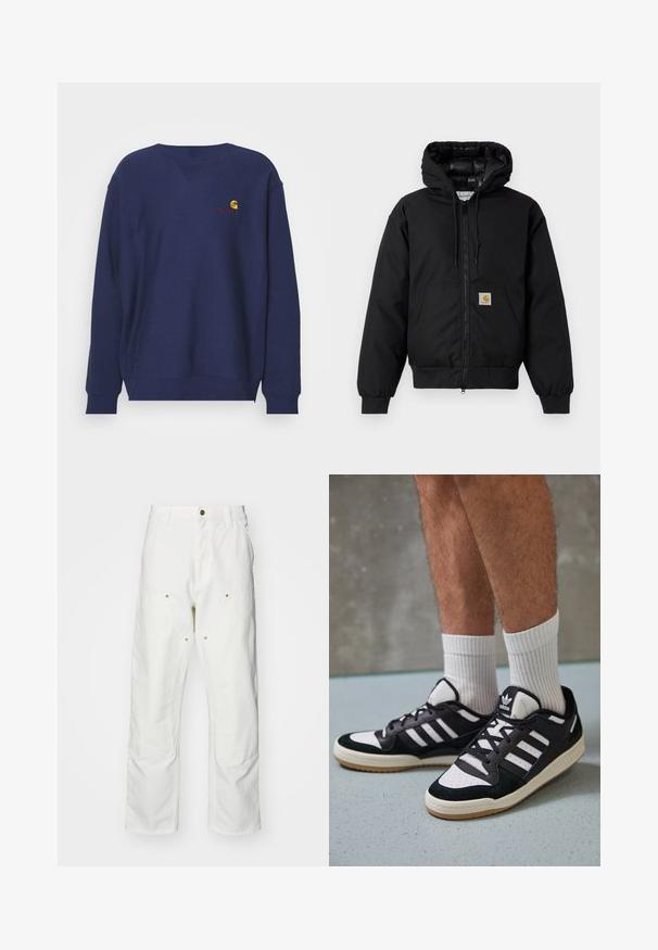 Veste à capuche Carhartt noire avec fermeture éclair à l'avant, poche kangourou, poignets côtelés et patch logo sur la poche.; Carhartt WIP AMERICAN SCRIPT - Sweatshirt - air force blue; Pantalons cargo en coton blanc avec une coupe décontractée. Les caractéristiques incluent des poches avant, des accents en métal doré et des sections de genoux renforcées.; Baskets noir et blanc avec une tige en suède et cuir, comportant trois rayures blanches, un bout perforé et une semelle en caoutchouc gum.