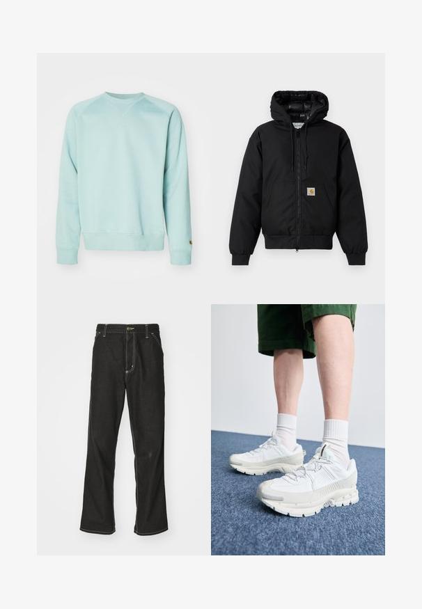 Must värvi Carhartt kapuutsiga jakk, millel on ees viis zipperit, känguru tasku, soonikkoes varrukad ja logo patch taskul.; Heledsinine dressipluus ümarate kaelustega ja soonikute varrukatega. Kujundatud vabalt istuvana ning varrukal on väike logo detail.; Mustadest denimist püksid, lahtise lõikega, kontrastsete valgete õmblustega, nööbiga kinnitamine ja sirge säär.; Valged sportsijalatsid tekstuursete pealsete, kopsaka tallaga ja hallide aktsentidega. Kanda valgete lühikeste sokkidega ja roheliste lühikeste pükstega sinisel pinnal.