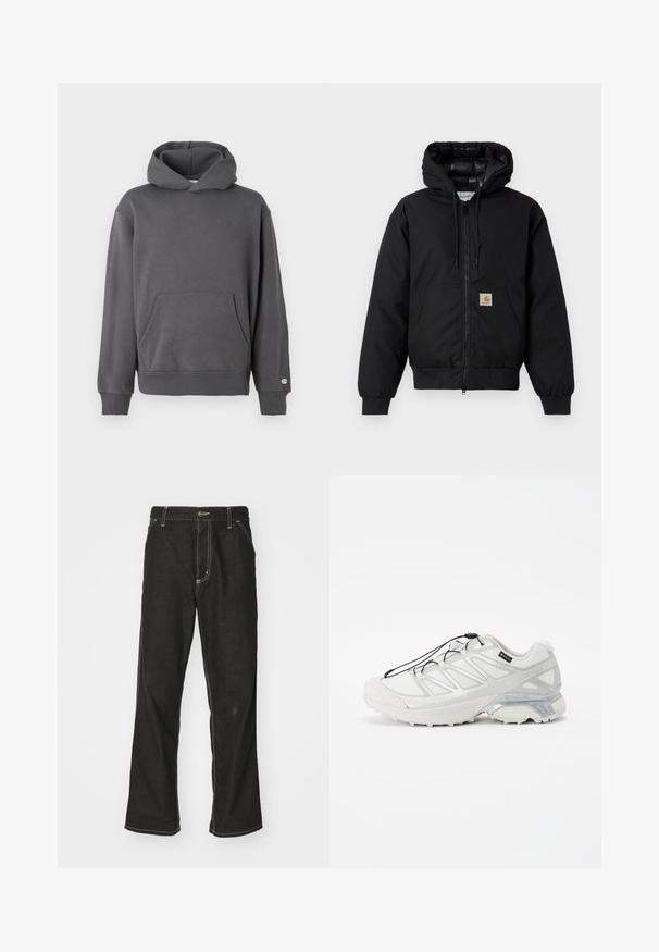 Melnā Carhartt kapuce jaka ar priekšējo rāvējslēdzēju, kangorūkas kabatu, ribotām piedurknēm un logotipa plāksteri uz kabatas.; Pelēks sporta krekls ar frontālo kabatu, ribinātām piedurknēm un kapuci ar auklu. Iekļauj smalku logotipa detalizāciju uz krūškurvja.; Melni džinsi ar brīvu piegriezumu, ar kontrastējošu baltu diegu, pogu aizdari un taisnu kāju dizainu.; Baltijas sporta apavi ar teksturētu sieta augšdaļu, atstarojošiem akcentiem un mīkstu zoli. Iekļauj elastīgas šņorītes un pelēkus akcentus.