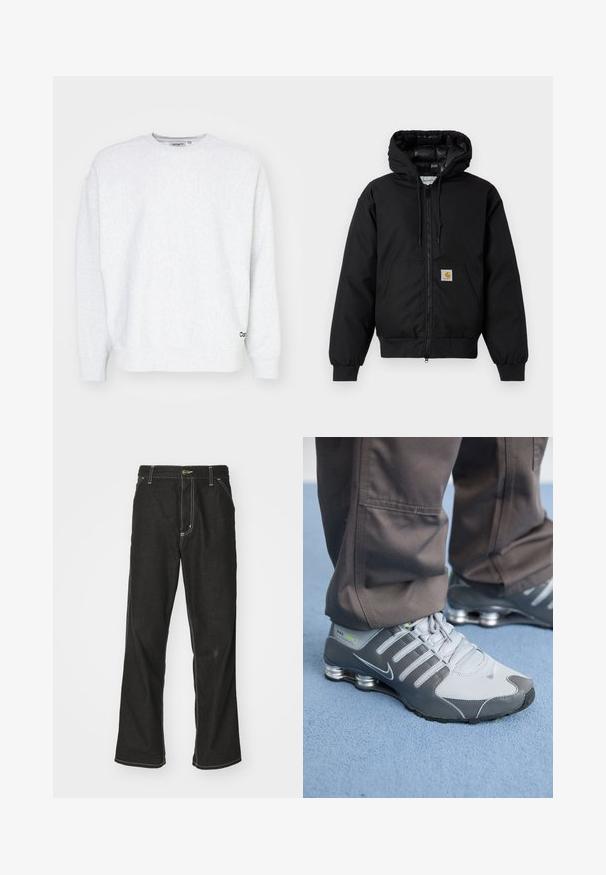 Black Carhartt hooded jacket with front zipper, kangaroo pocket, ribbed cuffs, and logo patch on pocket.; Gray sweatshirt made of soft fabric, featuring a crew neck, long sleeves, ribbed cuffs, and a small black logo on the lower hem.; Black denim jeans with a loose fit, featuring contrasting white stitching, a button closure, and a straight leg design.; Gray and silver Nike Shox sneakers feature a sleek design, with mesh and synthetic materials, a rounded toe, and a padded collar.