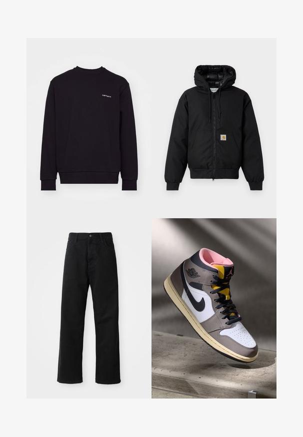 Veste à capuche Carhartt noire avec fermeture éclair à l'avant, poche kangourou, poignets côtelés et patch logo sur la poche.; Sweatshirt noir en matériau doux avec un col rond, des manches longues et des poignets côtelés. Présente un petit logo blanc sur la poitrine.; T-shirt en coton noir à manches courtes, col rond et poche sur la poitrine gauche avec un patch logo carré. Design simple et sans ornement.; Pantalons en denim noir à coupe droite, avec poches avant, fermeture éclair et un seul bouton supérieur. Tissu texturé avec une finition mate.; Sneaker Nike Air Jordan montante en blanc, gris et noir avec un intérieur rose et une languette jaune, posé sur une surface en béton.