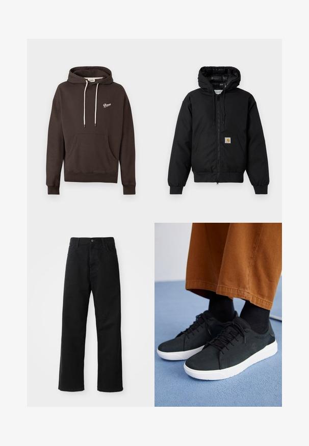 Giacca a zip nera Carhartt con cappuccio, tasca a marsupio, polsini a coste e patch con logo sulla tasca.; Felpa con cappuccio marrone scuro, dotata di tasca frontale, cordini bianchi e piccolo logo bianco "Pompeii" sul lato sinistro del petto.; Pantaloni in denim nero con taglio dritto, caratterizzati da tasche frontali, chiusura con zip e un singolo bottone superiore. Tessuto testurizzato con finitura opaca.; Sneakers in suede nera con suole in gomma bianca, dotati di un design con lacci, accenti testurizzati e branding sottile, abbinati a pantaloni marroni.