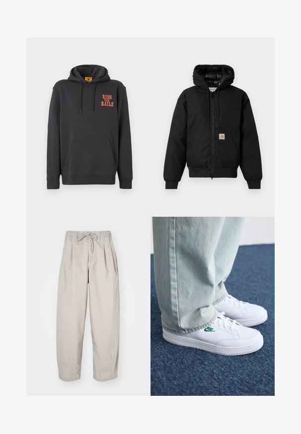 Μαύρο μπουφάν με κουκούλα Carhartt με μπροστινό φερμουάρ, καγκουρό τσέπη, ριμπ μανσέτες και λογότυπο στην τσέπη.; Γκρίζα hoodie με καγκουρό τσέπη, κουκούλα με κορδόνι και πορτοκαλί κείμενο "RIDE THE RAILS" στο στήθος. Μαλακό ύφασμα με λεία υφή.; Μπεζ, ελαφριά παντελόνια με ελαστική μέση και κορδόνι. Διαθέτουν πτυχώσεις και άνετη εφαρμογή, κατασκευασμένα από μαλακό, λείο ύφασμα.; Λευκά δερμάτινα sneakers με πράσινο λογότυπο Nike, στρογγυλή μύτη, επίπεδη σόλα, συνδυασμένα με ανοιχτό μπλε τζην παντελόνι, τοποθετημένα σε μπλε χαλί.