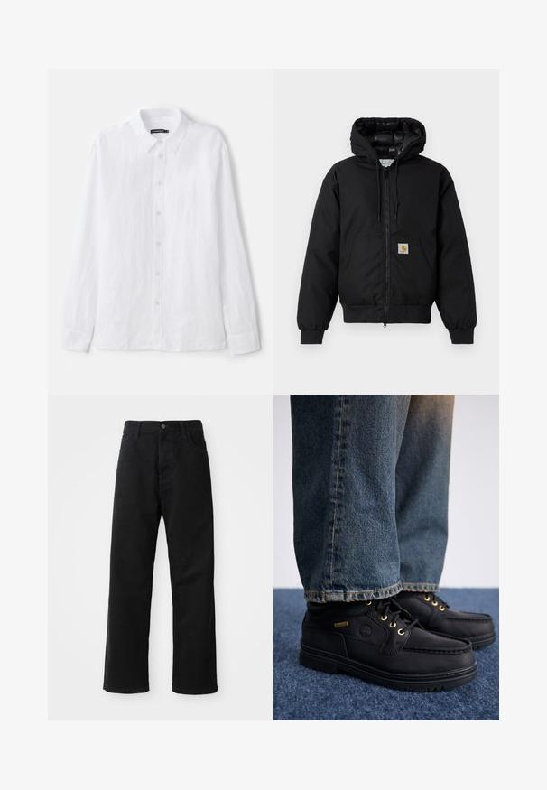 Must värvi Carhartt kapuutsiga jakk, millel on ees viis zipperit, känguru tasku, soonikkoes varrukad ja logo patch taskul.; Valge pika varrukaga nööbitav särk, mis on valmistatud tekstuuriga kangast. Omab klassikalist kraed ja nööbitavat esiosa, millel on väikesed ümmargused nööbid.; Mustadest denimist püksid sirge lõikega, mis sisaldavad ees taskuid, lukufliisi ja ühte ülemist nööpi. Tekstureeritud kangas mati viimistlusega.; Mustad nahast kingad kullavärvi silmadega ja tekstuuriga pinnaga, millele on sobitatud sinised teksad. Kingadel on kihiline tall ning brändingudetail.