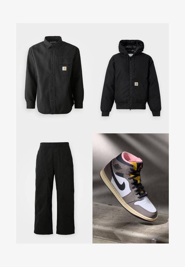 Melnā Carhartt kapuce jaka ar priekšējo rāvējslēdzēju, kangorūkas kabatu, ribotām piedurknēm un logotipa plāksteri uz kabatas.; Melna garā piedurkņu krekls ar pogu aizdari, norādītu apkakli un krūšu kabatu ar logotipa uzšuvumu. Mīksta, teksturēta auduma.; Melna kokvilnas t-krekls ar īsām piedurknēm, apaļu kakla izgriezumu un kreisajā krūšu daļā esošu kabatu ar kvadrātveida logo uzlīmi. Vienkāršs un bez rotājumiem dizains.; Melni kokvilnas bikses ar elastīgu jostu, platām kājām un lielām sānu kabatām. Audums izskatās mīksts ar gludu tekstūru.; Augstās Nike Air Jordan kedas baltā, pelēkā un melnā krāsā ar rozā iekšpusi un dzelteno mēli, novietotas uz betona virsmas.