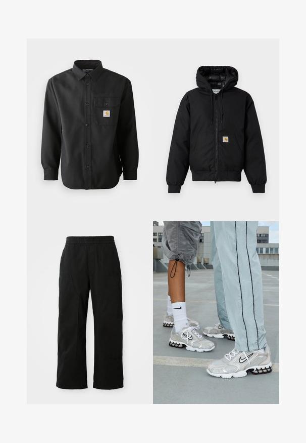 Mustaherra Carhartt-huppari, jossa on etuvetoketju, kengurupocket, ribbed-hihansuut ja logopatch taskussa.; Mustapaita, jossa on pitkä hiha, nappikäyttöinen etuosa, terävä kaulus ja rintatasku, jossa on logo-aani. Pehmeä, tekstuurinen kangas.; Mustat puuvillahousut, joissa on joustava vyötärö, leveät lahkeet ja suuret sivutaskut. Kangas näyttää pehmeältä ja sileältä.; Nike urheilukengät hopeisesta verkkomateriaalista, jossa on valkoiset nauhat, musta swoosh-logo ja musta-punainen ilmatyynypohja.