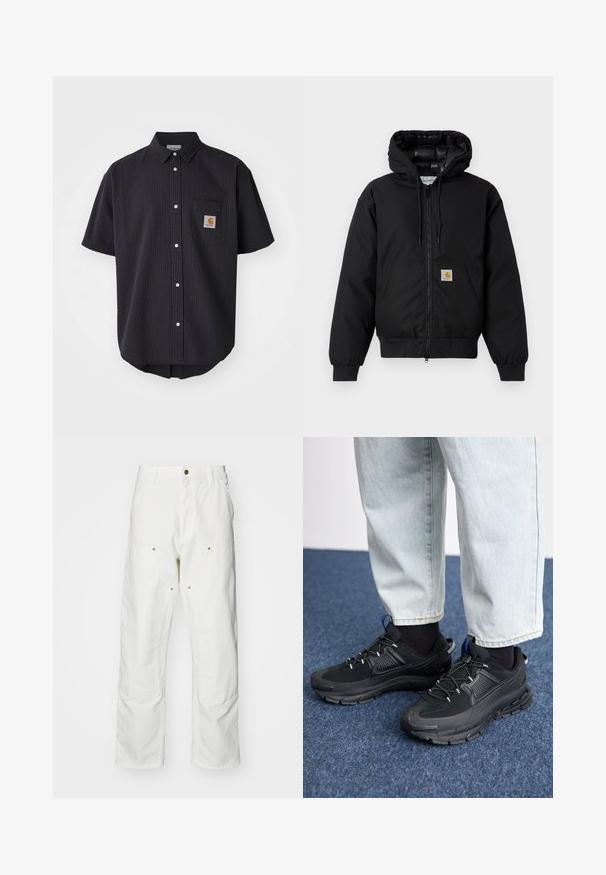 Black Carhartt hooded jacket with front zipper, kangaroo pocket, ribbed cuffs, and logo patch on pocket.; Short-sleeve, button-up shirt in textured dark navy fabric, featuring a front chest pocket with a square logo patch and white buttons.; White cotton cargo pants with a relaxed fit. Features include front pockets, gold hardware accents, and reinforced knee sections.; Black athletic shoes with textured fabric and rubber soles, featuring elastic laces and a blue accent on the heel. Worn with light denim pants.