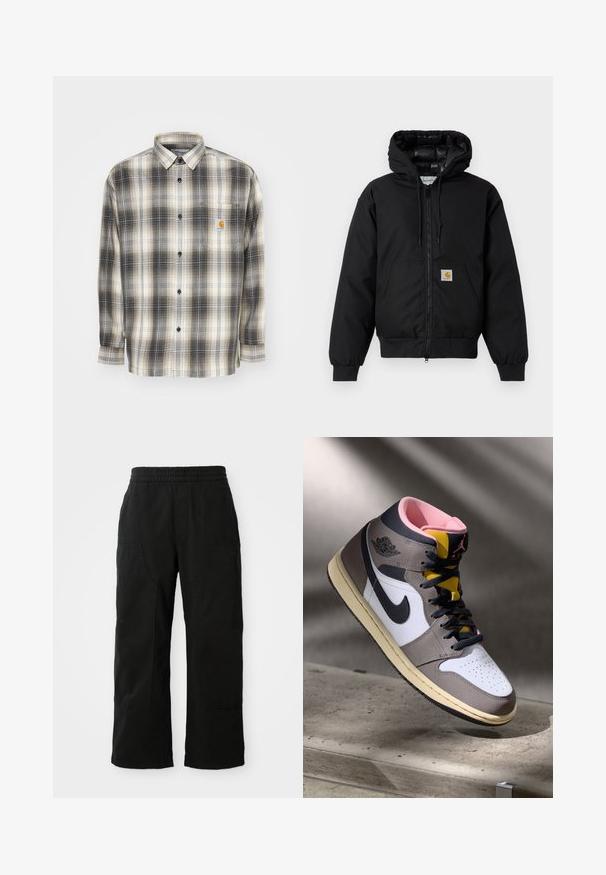 Czarna, bawełniana kurtka z kapturem Carhartt z przednim zamkiem błyskawicznym, kieszenią kangurką, ściągaczami przy mankietach oraz naszywką z logo na kieszeni.; Koszula z długim rękawem w czarno-kremową kratę, zapinana na guziki z kieszenią na piersi z naszywką logo Carhartt.; Czarna bawełniana koszulka z krótkim rękawem, okrągłym dekoltem i kieszenią na lewej piersi z kwadratową łatką logo. Prosty i nieozdobiony design.; Czarne bawełniane spodnie z elastycznym pasem, szeroką nogawką i dużymi bocznymi kieszeniami. Tkanina wydaje się miękka o gładkiej fakturze.; Wysokie sneakersy Nike Air Jordan w bieli, szarości i czerni z różowym wnętrzem i żółtym językiem, umieszczone na betonowej powierzchni.