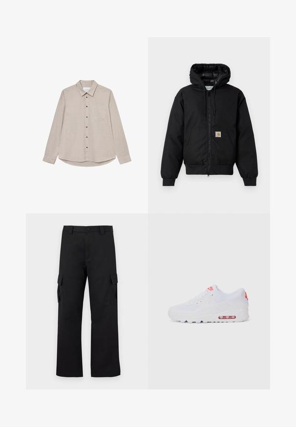 Giacca a zip nera Carhartt con cappuccio, tasca a marsupio, polsini a coste e patch con logo sulla tasca.; Camicia a maniche lunghe a quadri marrone e beige con collo button-down, taschino frontale e bottoni marroni, caratterizzata da un orlo curvo.; Pantaloni cargo neri con design a gamba dritta. Realizzati in tessuto resistente, dotati di due tasche laterali con chiusura a pattina e chiusura con bottone.; Sneaker atletica bianca con tomaia liscia, chiusura con lacci, suola ammortizzata e un'unità d'aria visibile con accenti rossi sul branding.