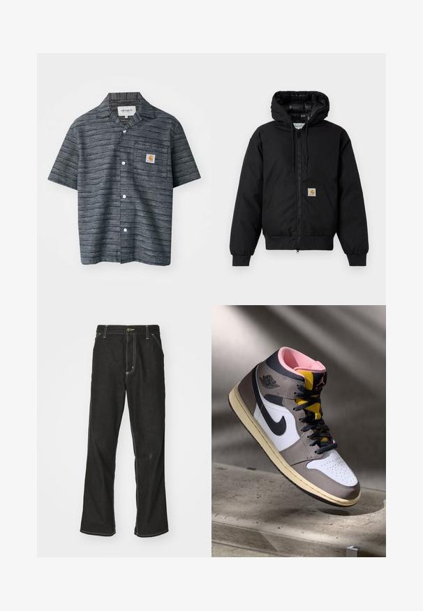Schwarze Carhartt Kapuzenjacke mit Frontreißverschluss, Kängurutasche, gerippten Bündchen und Logopatch auf der Tasche.; Kurzarmhemd in Dunkelgrau mit gestreiftem Muster, ausgestattet mit einer Brusttasche und einem Carhartt-Logo-Patch.; Schwarze Denim-Jeans mit lockerer Passform, kontrastierenden weißen Nähten, einem Knopfverschluss und geradem Bein.; Hohe Nike Air Jordan Sneaker in Weiß, Grau und Schwarz mit pinkem Innenfutter und gelber Zunge, auf einer Betontfläche platziert.