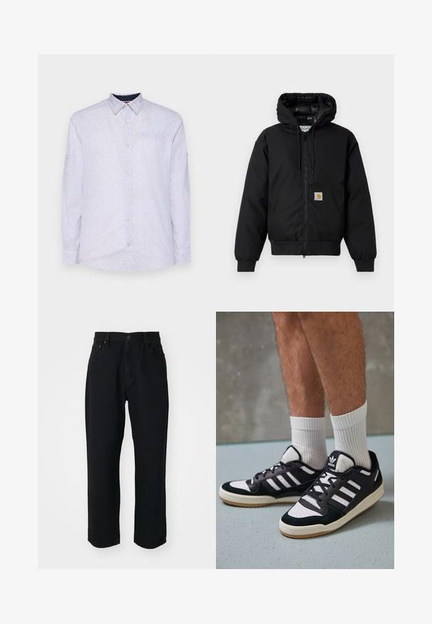 Black Carhartt hooded jacket with front zipper, kangaroo pocket, ribbed cuffs, and logo patch on pocket.; White long-sleeve shirt with small navy polka dots, button-down collar, and chest pocket. Features buttoned cuffs and a smooth texture.; Black denim jeans featuring a straight cut, lightweight texture, five-pocket design, and a button closure at the waist.; Black and white sneakers with a suede and leather upper, featuring three white stripes, a perforated toe, and a gum rubber sole.