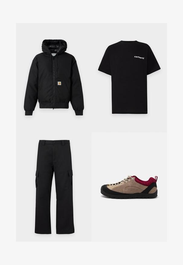 Czarna, bawełniana kurtka z kapturem Carhartt z przednim zamkiem błyskawicznym, kieszenią kangurką, ściągaczami przy mankietach oraz naszywką z logo na kieszeni.; Czarny bawełniany t-shirt z krótkimi rękawami, okrągłym dekoltem i białym logo „Carhartt” na lewej piersi. Gładka tekstura, minimalistyczny design.; Czarne spodnie cargo o prostym kroju. Wykonane z trwałej tkaniny, posiadają dwie boczne kieszenie z klapkami oraz zapięcie na guzik.; But z beżowej zamszowej cholewki, czarną gumową podeszwą, różowymi akcentami z siateczki i szarymi sznurowadłami. Posiada perforacje dla lepszej wentylacji oraz uchwyt z tyłu.
