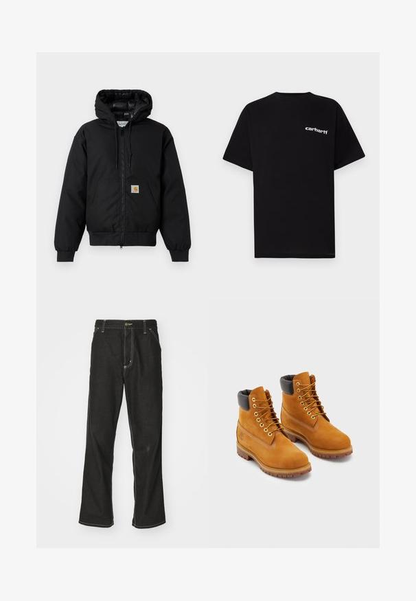 Zwarte Carhartt hoodie met rits aan de voorkant, kangoeroezak, geribde manchetten en logopatch op de zak.; Zwart katoenen T-shirt met korte mouwen, ronde hals en een wit "Carhartt"-logo op de linkerborst. Gladde textuur, minimalistisch ontwerp.; Zwarte denim jeans met een losse pasvorm, voorzien van contrasterende witte stiksels, een knoopsluiting en een recht ontwerp.; Leren werklaarzen in bruin met een zwarte gewatteerde kraag, gouden veterogen en bruine rubberen zolen. Voorzien van contrasterende stiksels en een logo op de zijkant.