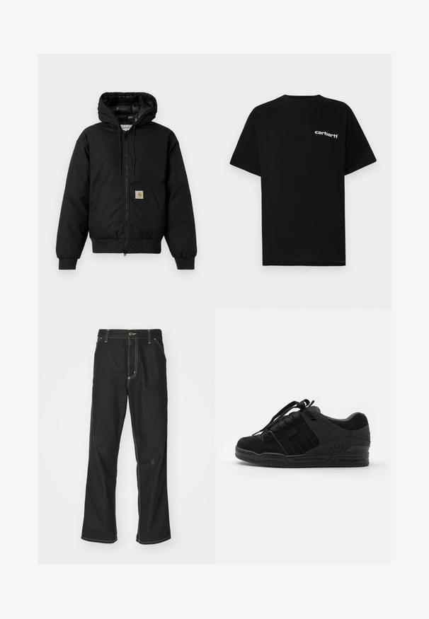 Schwarze Carhartt Kapuzenjacke mit Frontreißverschluss, Kängurutasche, gerippten Bündchen und Logopatch auf der Tasche.; Schwarzes Baumwoll-T-Shirt mit kurzen Ärmeln, Rundhalsausschnitt und weißem "Carhartt"-Logo auf der linken Brust. Glatte Textur, minimalistisches Design.; Schwarze Denim-Jeans mit lockerer Passform, kontrastierenden weißen Nähten, einem Knopfverschluss und geradem Bein.; Schwarzer Sneaker mit Obermaterial aus Wildleder und Textil, ausgestattet mit strukturierten Akzenten, einem gepolsterten Kragen, Schnürsenkeln und einer Gummisohle mit Logodetail.