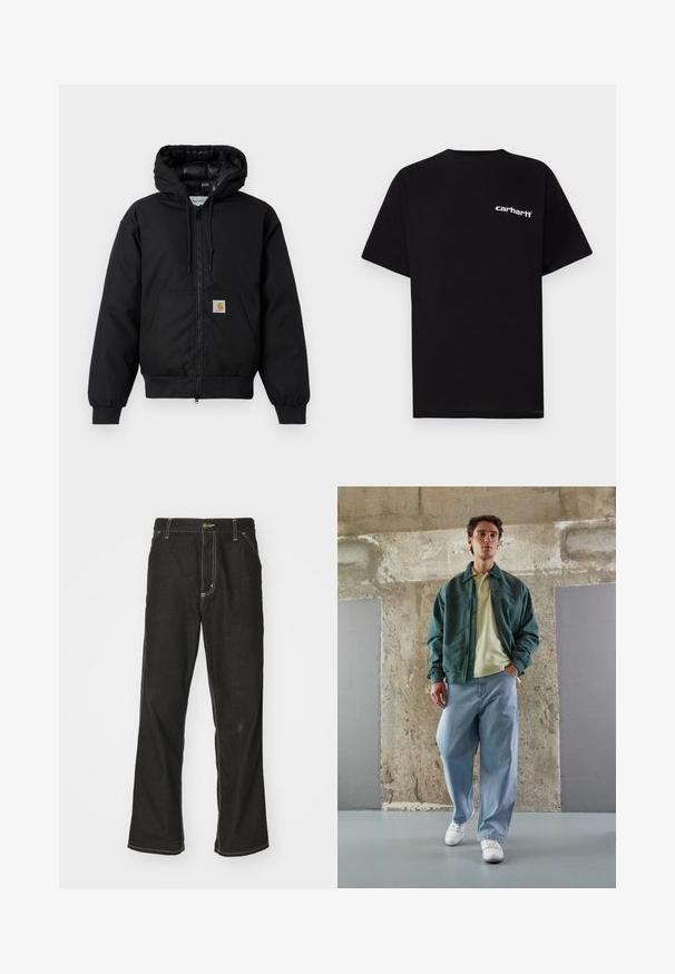 Černá bunda Carhartt s kapucí, předním zipem, klokaní kapsou, ribovanými manžetami a logem na kapse.; Černé bavlněné tričko s krátkými rukávy, kulatým výstřihem a bílým logem "Carhartt" na levé straně hrudi. Hladká texturu, jednoduchý design.; Černé denimové džíny s volným střihem, s kontrastním bílým prošíváním, zapínáním na knoflík a rovnými nohavicemi.; Zelená bomber bunda přes světle žluté polo tričko, doplněná o volné modré džíny a bílé tenisky. Hladké materiály, pohodlný střih, minimum kovových prvků.