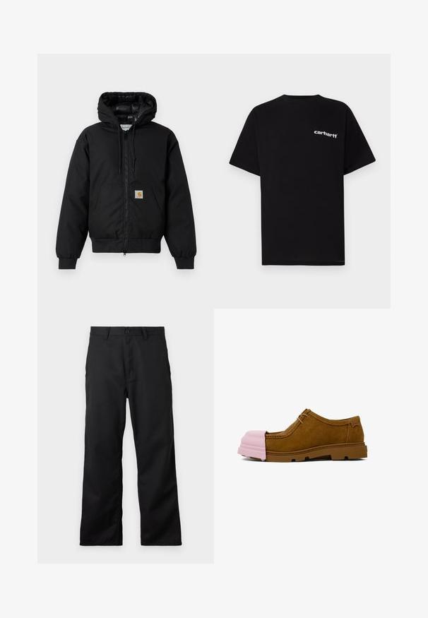 Schwarze Carhartt Kapuzenjacke mit Frontreißverschluss, Kängurutasche, gerippten Bündchen und Logopatch auf der Tasche.; Schwarzes Baumwoll-T-Shirt mit kurzen Ärmeln, Rundhalsausschnitt und weißem "Carhartt"-Logo auf der linken Brust. Glatte Textur, minimalistisches Design.; Schwarze Hose aus robuster Baumwolle, mit Reißverschluss und Knopfverschluss, gerader Schnitt und seitlichen Taschen. Einfaches Design, keine Muster.; Braune Wildlederschuhe mit einer rosa Gummikappe und brauner Gummisohle. Verfügt über Schnürsenkel und ein gesticktes Muster auf dem Obermaterial.