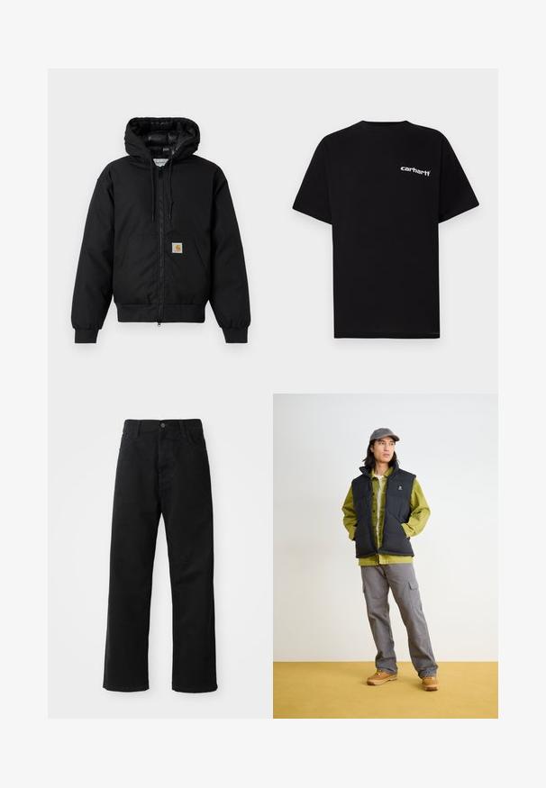 Fekete Carhartt kapucnis dzseki elöl cipzárral, kenguruzsebbel, bordás mandzsettákkal és logóval ellátott zsebbel.; Fekete pamut rövid ujjú póló kerek nyakkivágással és fehér "Carhartt" logóval a bal mellrészen. Simaszövetű, letisztult dizájn.; Fekete farmernadrág egyenes szabással, elülső zsebekkel, cipzáras flyal és egy felső gombbal. Strukturált anyag matt felülettel.; Fekete puffermellény magas gallérral, zöld gombos inggel, szürke cargo nadrággal és világosbarna cipővel. A szürke sapka teszi teljessé a szettet.