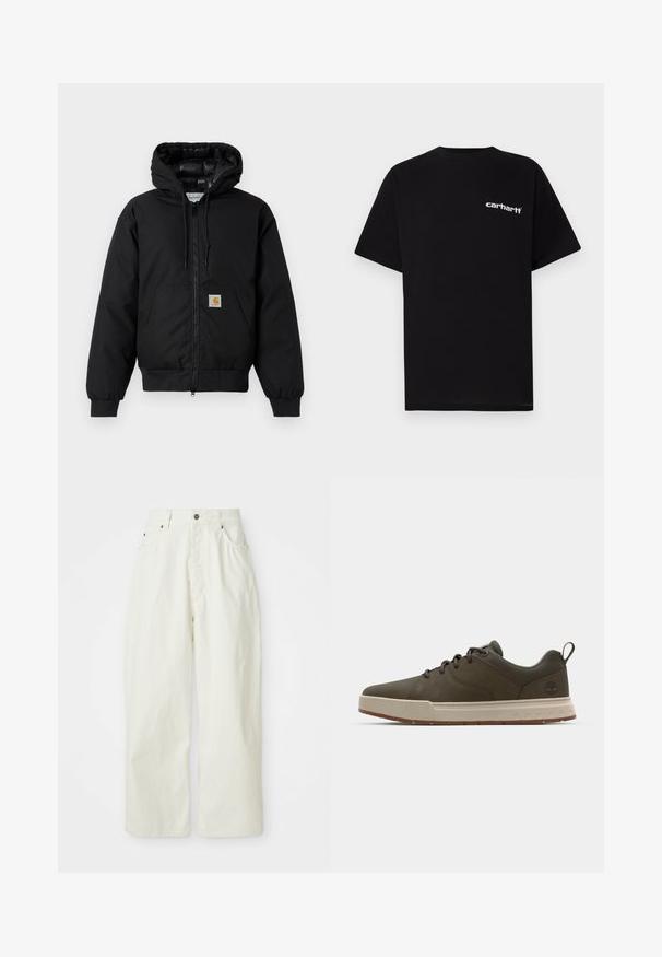 Chaqueta con capucha Carhartt negra, con cremallera frontal, bolsillo tipo canguro, puños de canalé y parche con el logo en el bolsillo.; Camiseta negra de algodón con mangas cortas, cuello redondo y logo blanco de "Carhartt" en el pecho izquierdo. Textura suave, diseño minimalista.; Pantalones anchos blancos de algodón, con una alta cintura, cinco bolsillos y cierre de botón metálico. Textura suave con un diseño minimalista.; Zapatilla verde oscura con parte superior lisa, entresuela beige claro y suela de goma. Presenta puntera redondeada y un branding mínimo en el talón.