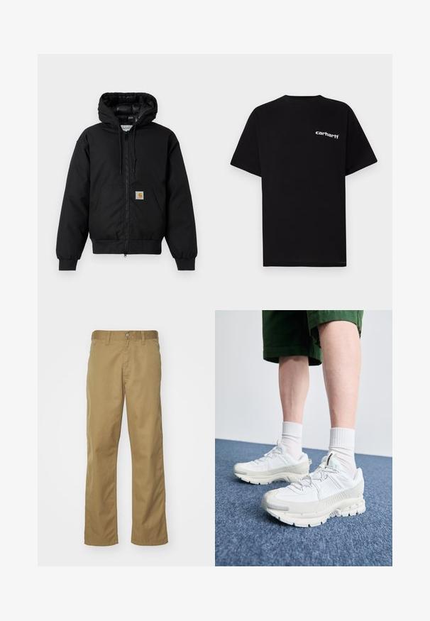 Sort Carhartt hættetrøje med frontlynlås, kengurulomme, ribbede manchetter og logo-patch på lommen.; Sort bomulds-T-shirt med korte ærmer, rund halsudskæring og hvidt "Carhartt"-logo på venstre bryst. Glat tekstur, minimalistisk design.; Khaki chinos med lige bendesign, lavet af glat bomuldsstof. Har en knaplukning foran og sidelommer.; Hvide atletiske sko med teksturerede overlays, en chunky sål og grå accenter. Båret med hvide ankelstrømper og grønne shorts på en blå overflade.