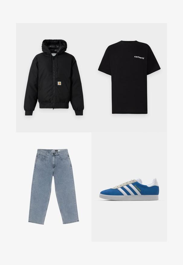Black Carhartt hooded jacket with front zipper, kangaroo pocket, ribbed cuffs, and logo patch on pocket.; Black cotton t-shirt with short sleeves, crew neckline, and white "Carhartt" logo on the left chest. Smooth texture, minimal design.; Light blue denim wide-leg jeans with a button fastening, five pockets, and straight-cut legs. Soft texture, minimal fading, and clean stitching.; adidas Originals ADIDAS GAZELLE SHOES - Indoor football boots - real madrid/bluebird/footwear white/crew yellow