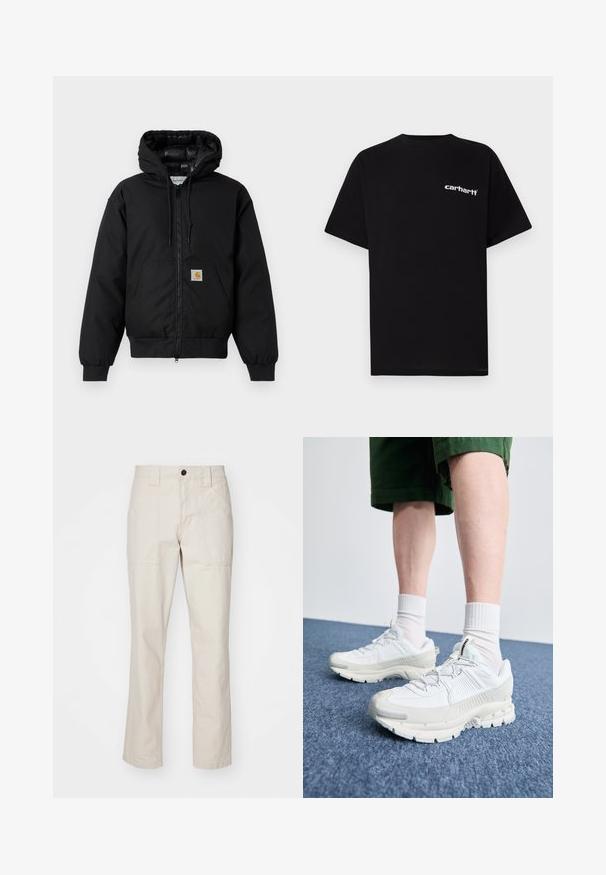 Black Carhartt hooded jacket with front zipper, kangaroo pocket, ribbed cuffs, and logo patch on pocket.; Black cotton t-shirt with short sleeves, crew neckline, and white "Carhartt" logo on the left chest. Smooth texture, minimal design.; Beige cotton trousers with a straight leg design, featuring two front pockets, a single button closure, and visible stitching accents.; White athletic shoes with textured overlays, a chunky sole, and gray accents. Worn with white crew socks and green shorts on a blue surface.