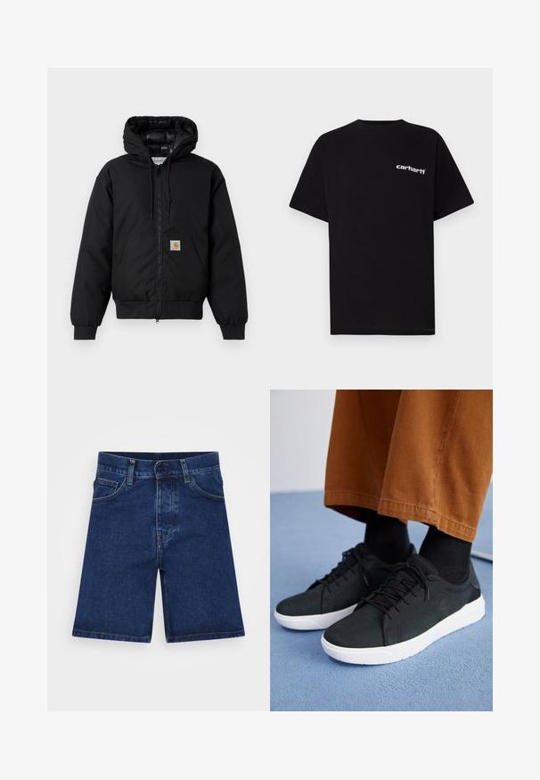 Juodas Carhartt džemperis su gobtuvu, priekiniais užtrauktukais, kengūros kišene, raibstais rankogalviais ir logotipo pleistru kišenėje.; Juoda medvilninė marškinėliai su trumpomis rankovėmis, apvalia apykakle ir baltu „Carhartt“ logotipu ant kairės krūtinės. Lygus paviršius, minimalistinis dizainas.; Tamsiai mėlyni džinsiniai šortai su tiesiu kirpimu, penkių kišenių dizainu ir mygtuko uždarymu. Papuošti subtiliu išblukimu ir standartinėmis siūlėmis.; Juodi zomšiniai sneakeriai su baltais guminiais padais, su raištelių uždėjimo dizainu, tekstūruotais akcentais ir subtiliu prekių ženklu, derinami su rudomis kelnėmis.