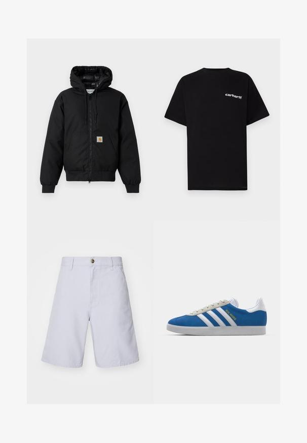 Veste à capuche Carhartt noire avec fermeture éclair à l'avant, poche kangourou, poignets côtelés et patch logo sur la poche.; T-shirt en coton noir à manches courtes, col rond, avec le logo blanc "Carhartt" sur la poitrine gauche. Texture lisse, design minimaliste.; Shorts en coton bleu clair avec fermeture à bouton, coupe droite, poches avant et texture lisse. Aucun motif ni accent visible.; adidas Originals ADIDAS GAZELLE SHOES - Chaussures de football en salle - real madrid/bluebird/footwear white/crew yellow