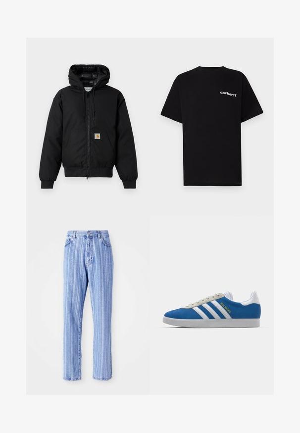 Zwarte Carhartt hoodie met rits aan de voorkant, kangoeroezak, geribde manchetten en logopatch op de zak.; Zwart katoenen T-shirt met korte mouwen, ronde hals en een wit "Carhartt"-logo op de linkerborst. Gladde textuur, minimalistisch ontwerp.; Lichtblauwe denim jeans met verticale witte strepen, rechte pijpen, vijf-pocketstijl en een knoopsluiting in de taille.; adidas Originals ADIDAS GAZELLE SHOES - Zaalvoetbalschoenen - real madrid/bluebird/footwear white/crew yellow