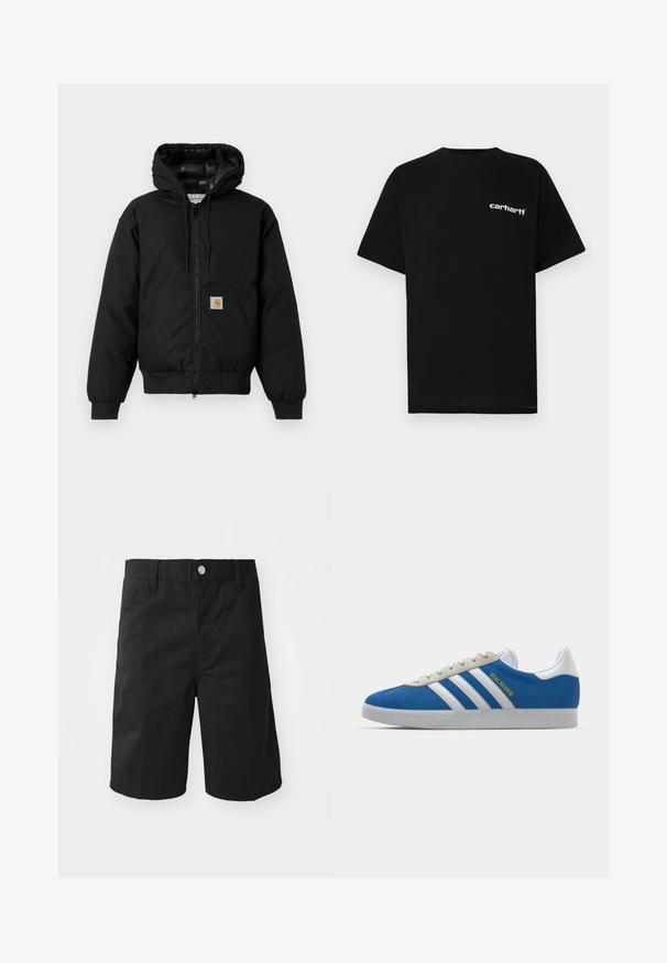 Schwarze Carhartt Kapuzenjacke mit Frontreißverschluss, Kängurutasche, gerippten Bündchen und Logopatch auf der Tasche.; Schwarzes Baumwoll-T-Shirt mit kurzen Ärmeln, Rundhalsausschnitt und weißem "Carhartt"-Logo auf der linken Brust. Glatte Textur, minimalistisches Design.; Schwarze Baumwollshorts mit geradem Schnitt, Gürtelschlaufen, einem Metallknopfverschluss und ohne sichtbare Muster oder Akzente.; adidas Originals ADIDAS GAZELLE SHOES - Indoor-Fußballschuhe - real madrid/bluebird/footwear white/crew yellow