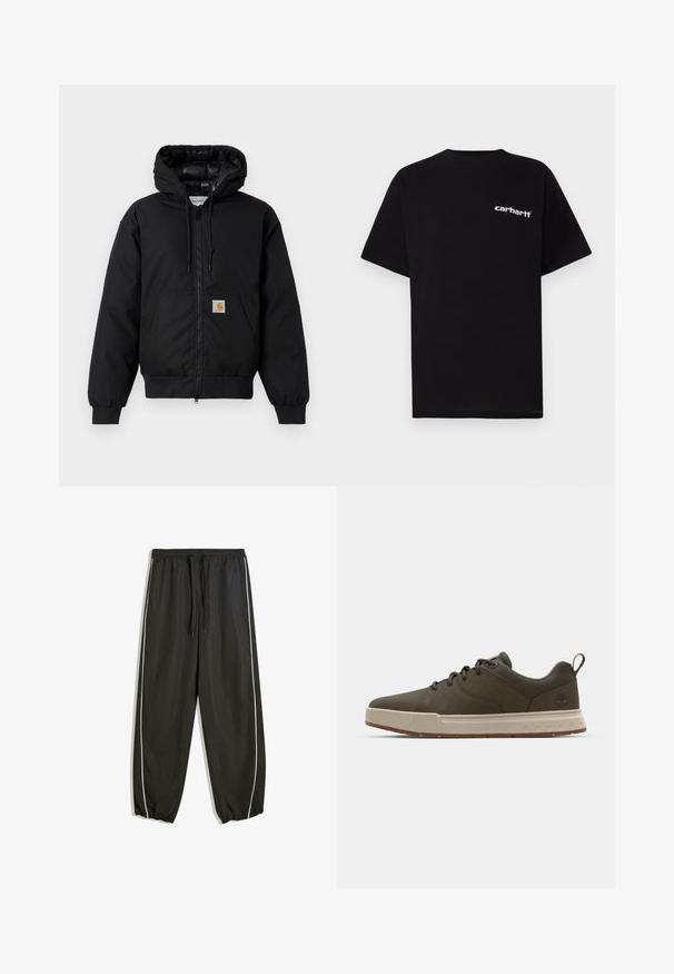 Črna Carhartt kapuca s sprednjim zadrgo, kenguru žepom, rebrastimi manšetami in logotipom na žepu.; Črna bombažna majica s kratkimi rokavi, okroglim izrezom in belim napisom "Carhartt" na levi prsni strani. Gladek tekstura, minimalističen dizajn.; Črne trenirke z elastičnim pasom, nastavljivim vrvico in belimi stranskimi črtami. Manšete so elastične. Lahka, gladka tkanina.; Temnozeleni superge z gladkim zgornjim delom, svetlo bež srednjim podplatom in gumijastim zunanjim podplatom. Imajo zaobljen nos in minimalno blagovno znamko na peti.