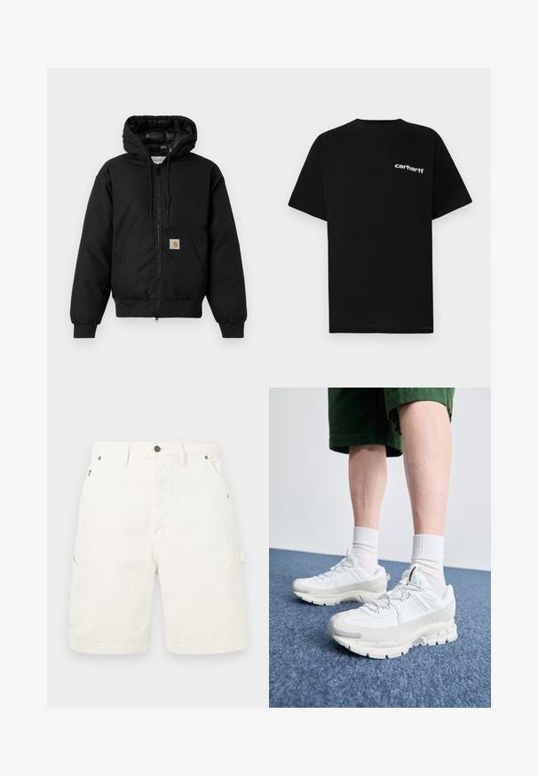 Casaco com capuz Carhartt preto, com fecho na frente, bolso tipo canguru, punhos canelados e patch do logo no bolso.; T-shirt preta de algodão com mangas curtas, decote redondo e logótipo branco "Carhartt" no peito esquerdo. Textura suave, design minimalista.; Calças cargo brancas de algodão com um corte reto, apresentando bolsos frontais e laterais, fecho de botão de metal e passantes para cinto. Textura suave.; Sapatos atléticos brancos com sobreposições texturizadas, sola espessa e detalhes em cinza. Usados com meias brancas até ao tornozelo e calções verdes sobre uma superfície azul.