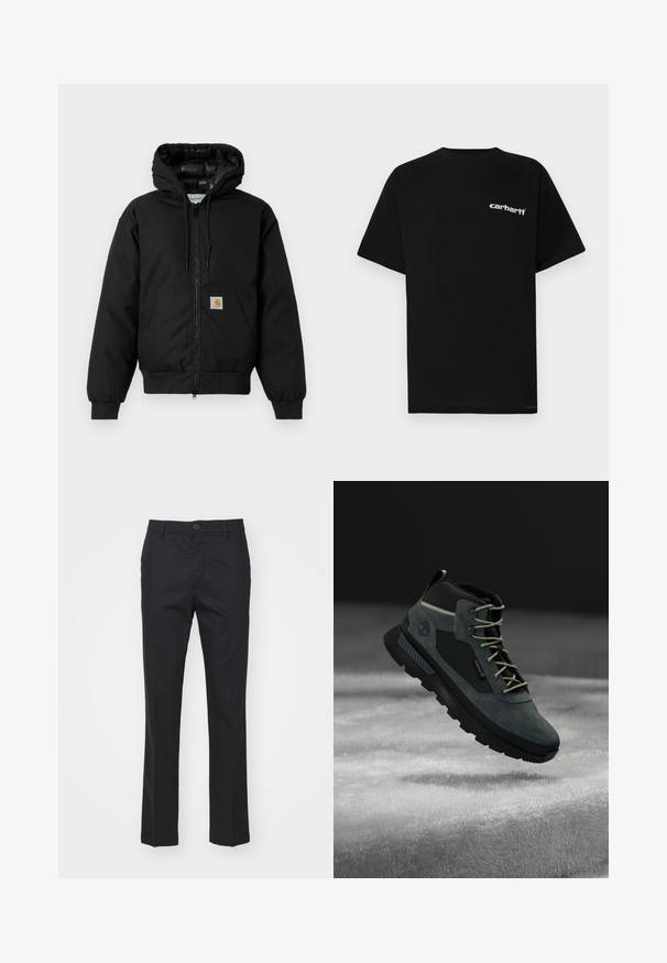 Casaco com capuz Carhartt preto, com fecho na frente, bolso tipo canguru, punhos canelados e patch do logo no bolso.; T-shirt preta de algodão com mangas curtas, decote redondo e logótipo branco "Carhartt" no peito esquerdo. Textura suave, design minimalista.; Calças pretas feitas de um tecido liso, apresentando um corte reto, bolsos frontais e um fecho de botão único na cintura.; Botas de caminhada de um cinza escuro, com materiais em camurça e sintético, colarinho almofadado, atacadores beiges e uma sola de borracha robusta para melhor aderência.