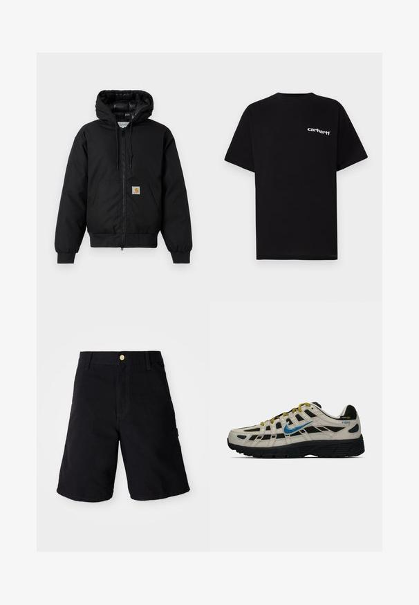 Schwarze Carhartt Kapuzenjacke mit Frontreißverschluss, Kängurutasche, gerippten Bündchen und Logopatch auf der Tasche.; Schwarzes Baumwoll-T-Shirt mit kurzen Ärmeln, Rundhalsausschnitt und weißem "Carhartt"-Logo auf der linken Brust. Glatte Textur, minimalistisches Design.; Schwarze Denim-Shorts mit Knopfverschluss, geradem Schnitt, seitlichen Taschen und verstärkten Nähten für zusätzliche Haltbarkeit.; Beige und schwarze Nike P-6000 Sneaker mit blauen Swoosh, gelben Schnürsenkeln, schwarzem Profil und Cordura-Gewebelabel an der Ferse.