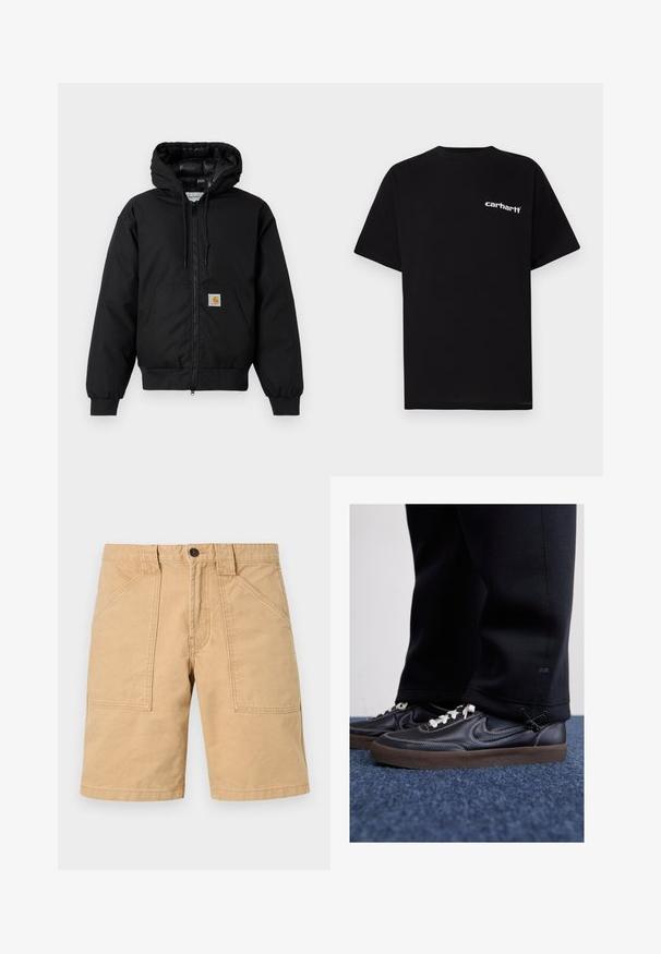 Black Carhartt hooded jacket with front zipper, kangaroo pocket, ribbed cuffs, and logo patch on pocket.; Black cotton t-shirt with short sleeves, crew neckline, and white "Carhartt" logo on the left chest. Smooth texture, minimal design.; Khaki shorts made of cotton with a rough texture, featuring two front pockets and a button closure at the waist.; Nike Sportswear KILLSHOT 2 LTR PRM OPP2 - Trainers - black sail baroque brown mtlc dk grey