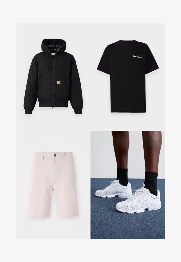 Black Carhartt hooded jacket with front zipper, kangaroo pocket, ribbed cuffs, and logo patch on pocket.; Black cotton t-shirt with short sleeves, crew neckline, and white "Carhartt" logo on the left chest. Smooth texture, minimal design.; Light pink shorts made of cotton, featuring a flat front, belt loops, a single button closure, and side pockets. Smooth texture.; White athletic shoes with mesh upper, textured accents, and cushioned sole. Paired with black ribbed ankle socks on a blue carpeted surface.