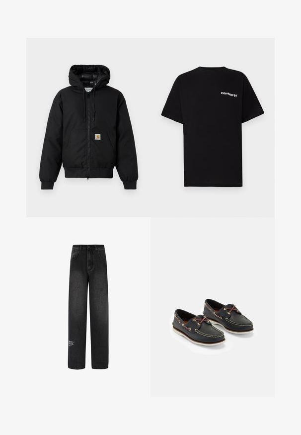 Zwarte Carhartt hoodie met rits aan de voorkant, kangoeroezak, geribde manchetten en logopatch op de zak.; Zwart katoenen T-shirt met korte mouwen, ronde hals en een wit "Carhartt"-logo op de linkerborst. Gladde textuur, minimalistisch ontwerp.; Zwarte denim brede-spijkerbroek met een hoge taille, met twee voordeliger zakken en een decoratieve logodetail op het onderbeen.; Marine leren botenschoenen met gele stiksels, rode veters en zilveren oogjes; ronde neus; witte rubberen zool.