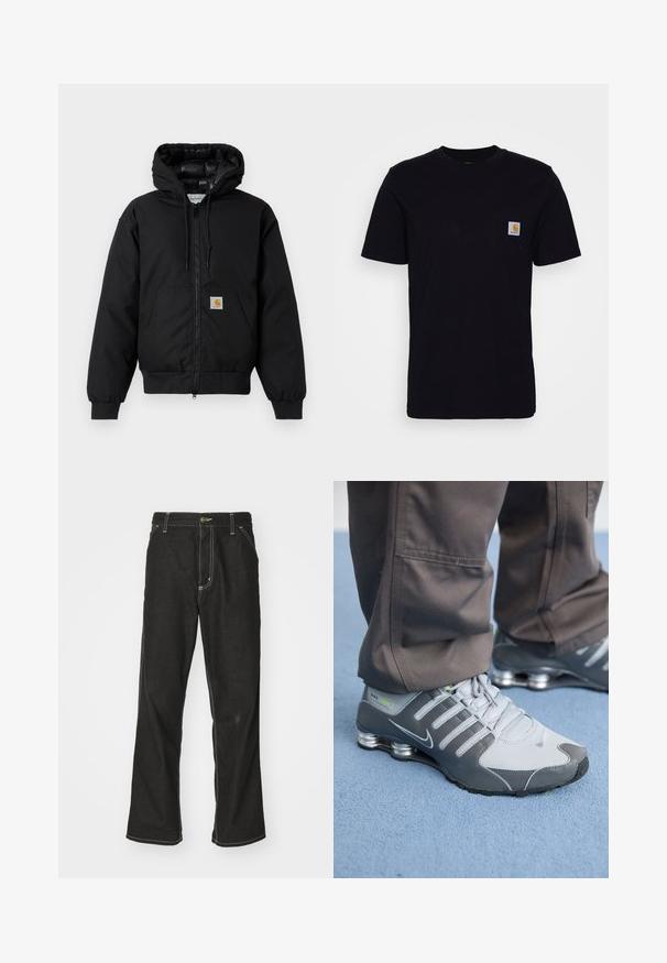 Crna Carhartt jakna s kapuljačom, s prednjim zatvaračem, kangaroo džepom, rebrastim manžetama i logo naljepnicom na džepu.; Crna pamučna majica s kratkim rukavima, okruglim izrezom i džepom na prsima s malim, kvadratnim logom. Jednostavan, čvrst dizajn.; Crne traperice s opuštenim krojem, s kontrastnim bijelim šavovima, zakovicom za zatvaranje i ravnim nogavicama.; Sive i srebrne Nike Shox tenisice imaju elegantan dizajn, s mrežastim i sintetičkim materijalima, zaobljenim vrhom i podstavljenim okovratnikom.