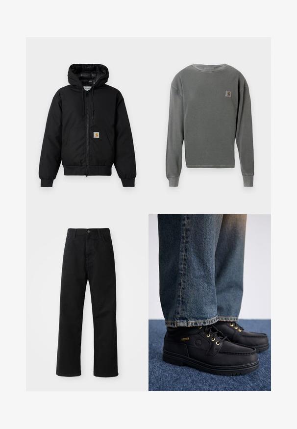 Jachetă cu glugă Carhartt de culoare neagră, cu fermoar frontal, buzunar tip kangaroo, manșete ribbate și patch cu logo pe buzunar.; Pulover gri cu mânecă lungă și guler rotund, cu textură corduroy, având un mic logo pătrat pe partea stângă a pieptului și manșete corduroy.; Pantaloni din denim negri cu croi drept, având buzunare frontale, fermoar și un singur buton la partea superioară. Țesătură texturată cu un finisaj mat.; Pantofi din piele neagră cu ochiuri aurii și o finisare texturată, asortați cu blugi din denim albastru. Pantofii au o talpă stratificată și un detaliu de branding.