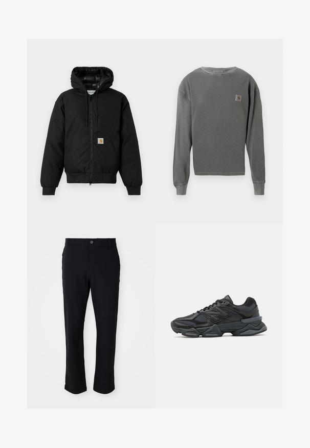 Sort Carhartt hættetrøje med frontlynlås, kengurulomme, ribbede manchetter og logo-patch på lommen.; Grå langærmet crewneck sweatshirt med ribbet tekstur, med et lille firkantet logo-patch på venstre bryst og ribbede manchetter.; Sorte bukser med knaplukning, lige ben-design, glat tekstur og sidelommer, velegnet til forskellige lejligheder.; Sorte løbesko med en blanding af mesh og syntetiske materialer, kraftig sål, buet design og fremtrædende branding på siden.