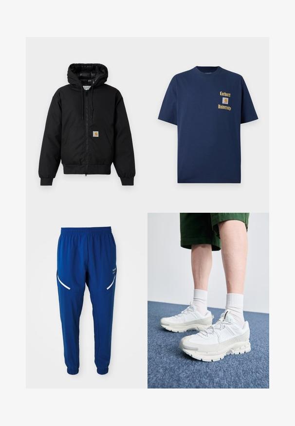 Casaco com capuz Carhartt preto, com fecho na frente, bolso tipo canguru, punhos canelados e patch do logo no bolso.; T-shirt de algodão azul-marinho com mangas curtas, apresentando texto dourado "Carhartt University" e um emblema no lado esquerdo do peito.; Calças de treino azul royal com cintura elástica e punhos, faixas reflexivas brancas curvadas nas coxas, e pequeno logotipo branco no lado direito.; Sapatos atléticos brancos com sobreposições texturizadas, sola espessa e detalhes em cinza. Usados com meias brancas até ao tornozelo e calções verdes sobre uma superfície azul.