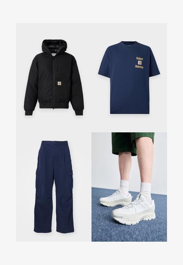 Melnā Carhartt kapuce jaka ar priekšējo rāvējslēdzēju, kangorūkas kabatu, ribotām piedurknēm un logotipa plāksteri uz kabatas.; Tumši zila kokvilnas T-krekls ar īsām piedurknēm, ar zelta tekstu "Carhartt University" un logo uzšuvumu kreisajā krūtī.; Jūras spēku kravas bikses, kas izgatavotas no kokvilnas ar brīvu piegriezumu. Iekļauj divas sānu kabatas un pogu aizdari jostasvietā. Gluda tekstūra un taisnas kājas.; Baltas sporta apavi ar teksturētām detaļām, masīvu zoli un pelēkiem akcentiem. Valkāti ar baltiem zeķu pēdu apģērbiem un zaļām šortiem uz zilas virsmas.