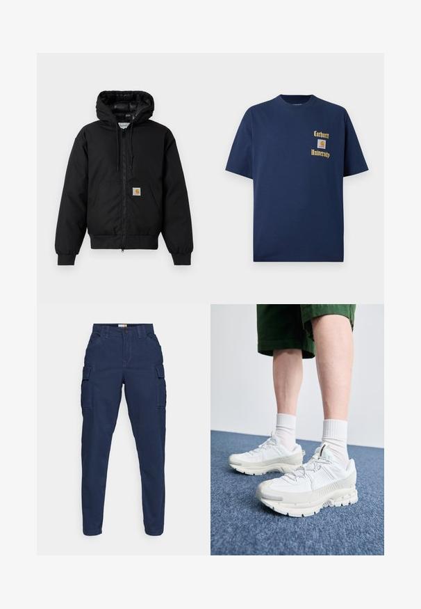 Must värvi Carhartt kapuutsiga jakk, millel on ees viis zipperit, känguru tasku, soonikkoes varrukad ja logo patch taskul.; Tume sinine puuvillane T-särk lühikeste varrukatega, millel on kuldne kiri "Carhartt University" ja logo aplikaat vasakul rinnal.; Tumed sinine cargo püksid küljetaskutega, kitseneva jala disainiga, lapik eesmine osa ja nööbiga sulgemine. Valmistatud vastupidavast kangast, millel on puhas viimistlus.; Valged sportsijalatsid tekstuursete pealsete, kopsaka tallaga ja hallide aktsentidega. Kanda valgete lühikeste sokkidega ja roheliste lühikeste pükstega sinisel pinnal.