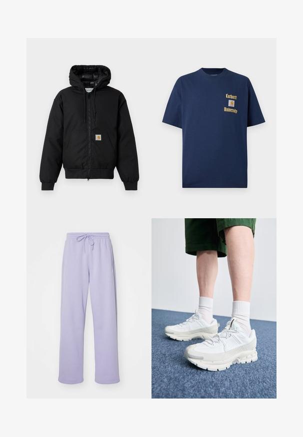 Black Carhartt hooded jacket with front zipper, kangaroo pocket, ribbed cuffs, and logo patch on pocket.; Navy blue cotton t-shirt with short sleeves, featuring gold text "Carhartt University" and a logo patch on the left chest.; Purple sweatpants with an elastic waistband and drawstring. Soft fabric, straight leg design, and side pockets. Smooth texture.; White athletic shoes with textured overlays, a chunky sole, and gray accents. Worn with white crew socks and green shorts on a blue surface.