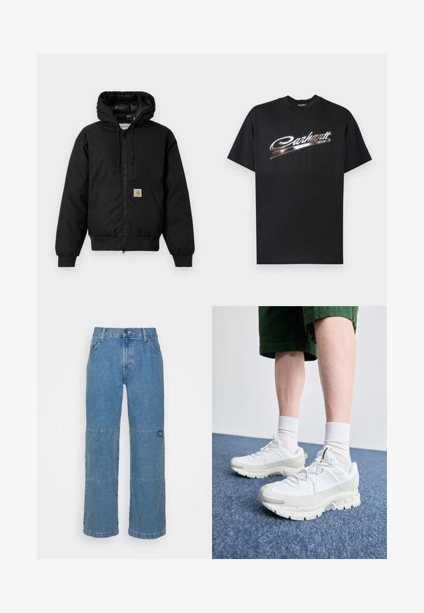 Must värvi Carhartt kapuutsiga jakk, millel on ees viis zipperit, känguru tasku, soonikkoes varrukad ja logo patch taskul.; Must puuvillane T-särk, mille rinnal on stiilse hõbedase kirjaga läikiv "Carhartt" logo, lühikeste varrukatega ja ümara kaelusega.; Heledsinine teksapüksid, millel on mugav lõige, omaduseks on lapitööd, ülemine nupuvajutus, viis taskut ja peen bränding säärel.; Valged sportsijalatsid tekstuursete pealsete, kopsaka tallaga ja hallide aktsentidega. Kanda valgete lühikeste sokkidega ja roheliste lühikeste pükstega sinisel pinnal.