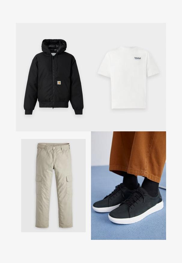 Fekete Carhartt kapucnis dzseki elöl cipzárral, kenguruzsebbel, bordás mandzsettákkal és logóval ellátott zsebbel.; Fehér pamut póló, melyen kék hímzett "Timberland Rugged Active Gear" logó található a bal felső mellen. Rövid ujjú és kerek nyakkivágású.; Krémszínű cargo nadrágok pamut anyagból. Oldalsó zsebekkel, gombos záródással és látható varrással ellátott egyenes szabású kivitel.; Fekete velúrbőr sneaker fehér gumitalppal, fűzős dizájnnal, texturált részletekkel és diszkrét márkázással, barna nadrággal párosítva.