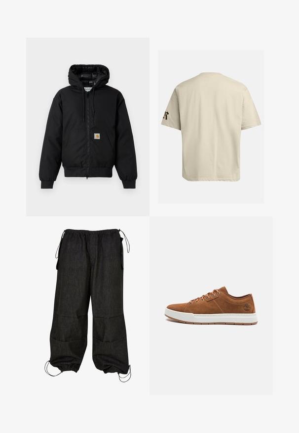 Černá bunda Carhartt s kapucí, předním zipem, klokaní kapsou, ribovanými manžetami a logem na kapse.; Beige bavlněné tričko s volným střihem, krátkými rukávy a kulatým výstřihem. Na levém rukávu se nachází tmavé logo.; Černé cargo kalhoty volného střihu s elastickým pasem, bočními kapsami a nastavitelným stahováním na nohavicích. Vyrobeny z odolné denimové látky.; Hnědé semišové tenisky s bílou gumovou podrážkou, kulatou špičkou, šesti kovovými očky a embosovaným detailem loga na boku. Klasický design se šněrováním.