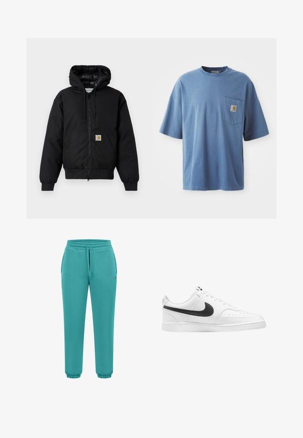 Czarna, bawełniana kurtka z kapturem Carhartt z przednim zamkiem błyskawicznym, kieszenią kangurką, ściągaczami przy mankietach oraz naszywką z logo na kieszeni.; Niebieska bawełniana koszulka z okrągłym dekoltem, krótkimi rękawami i kieszenią na lewej piersi z naszywką z logo. Gładka tekstura i luźny krój.; Turkusowe dresy wykonane z miękkiego materiału, z elastycznym paskiem w talii ze sznurkiem oraz elastycznymi mankietami przy kostkach.; Białe skórzane sneakersy z czarnym logo Nike, sznurowane, okrągły nosek, perforowane detale i płaska gumowa podeszwa.